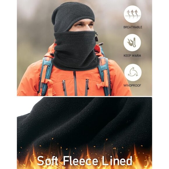 Unisex Mixed Black Knit Fleece-Lined Ski Cap & Neck Gaiter Set